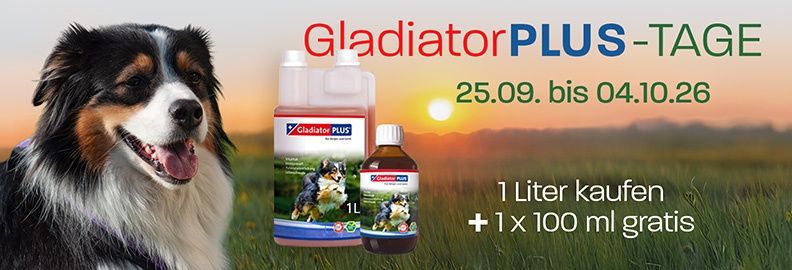 Gladiator Plus Hund Aktion. Freundschaftsaktion 1 Liter Gladiator Hund + 100 ml gratis